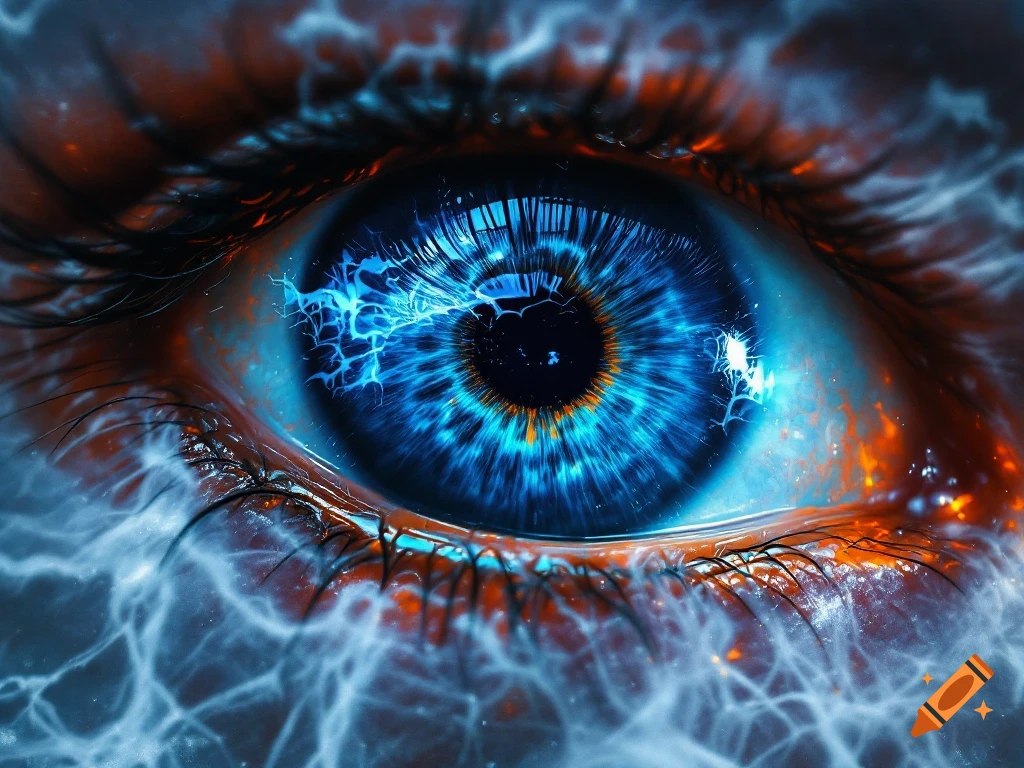Close-up of an intensely colored eye with blue energy effects surrounding it.