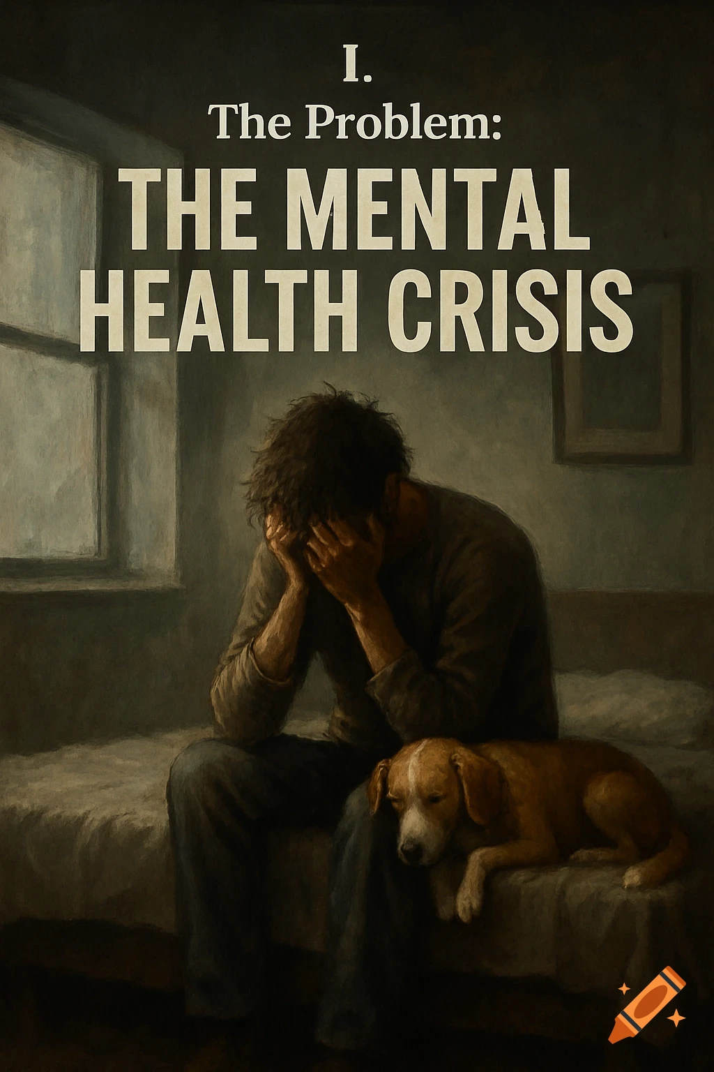 Painting of a distressed person sitting on a bed with a dog and text about mental health crisis.