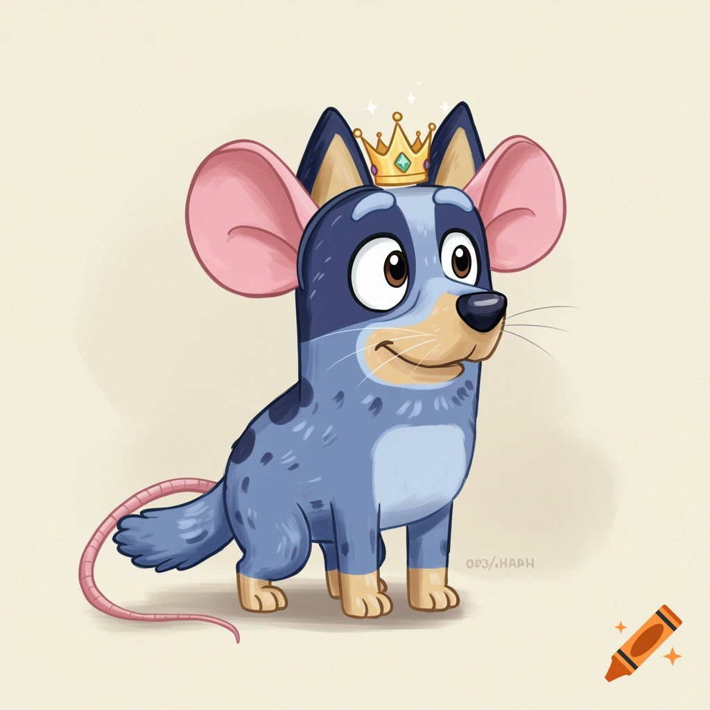 Cartoon illustration of a Bluey character dressed as a mouse with big ears, a long tail, and a crown.