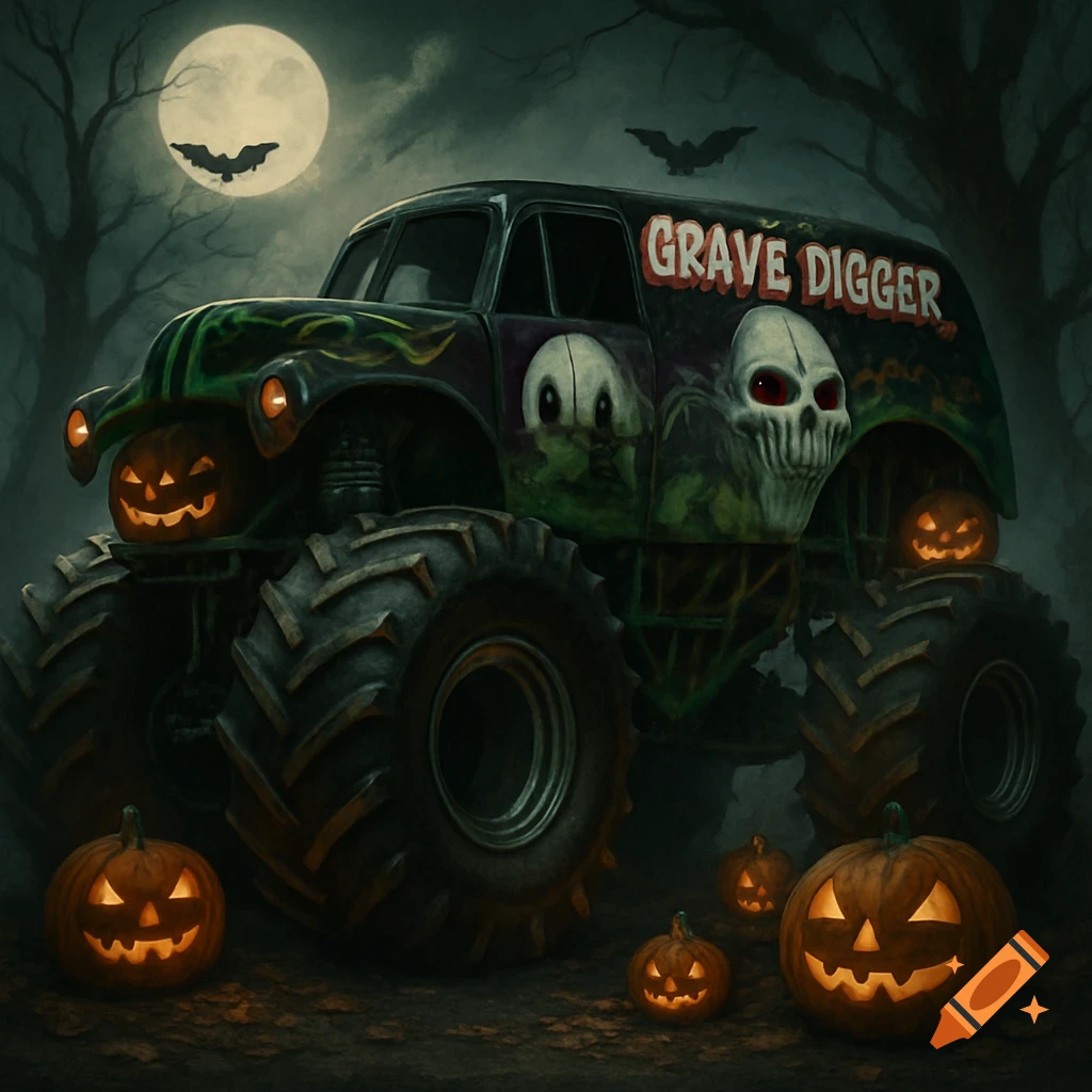 Halloween-themed Grave Digger monster truck surrounded by lit jack-o'-lanterns under a full moon with bats.