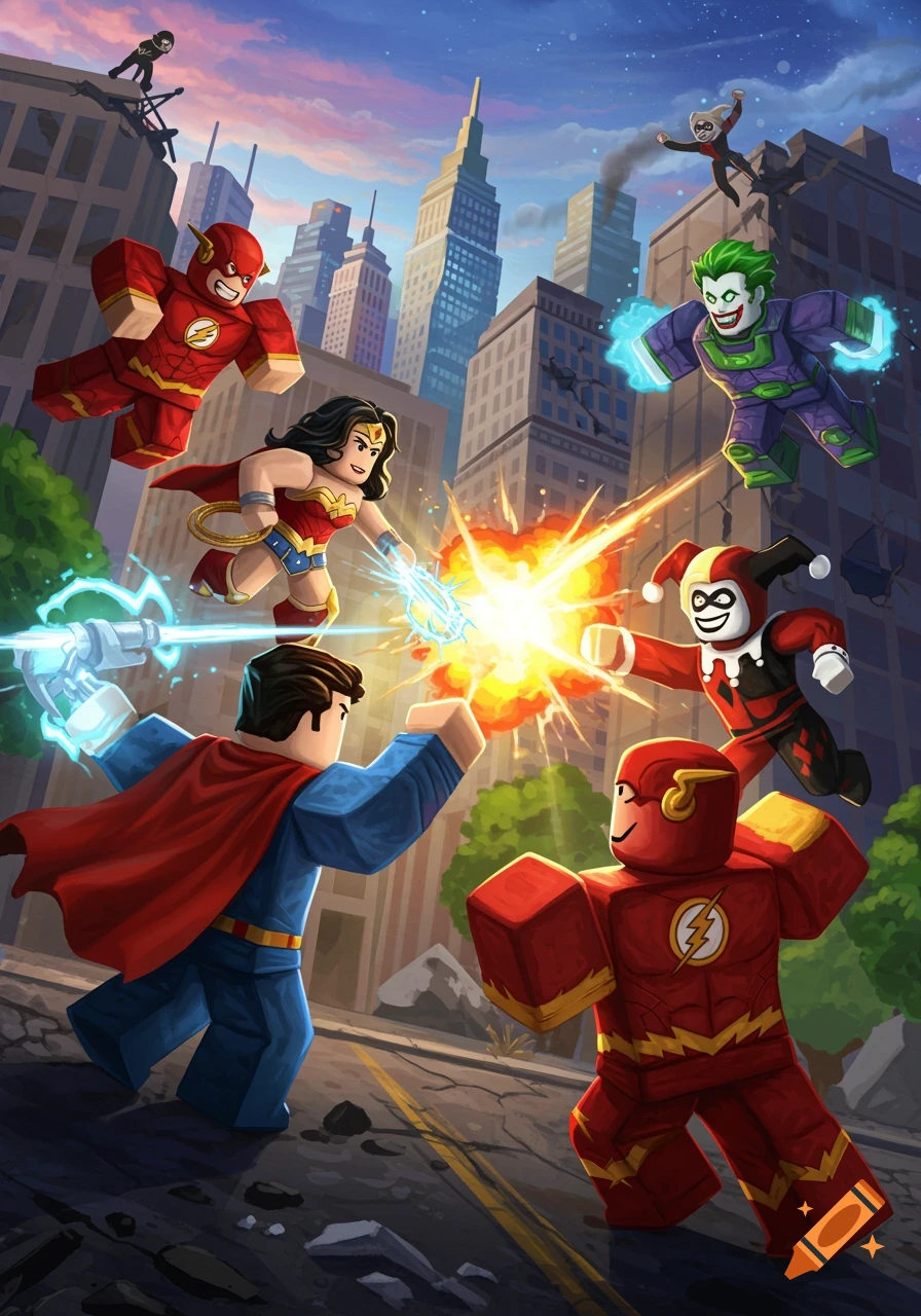 Blocky DC heroes and villains fight in a city.