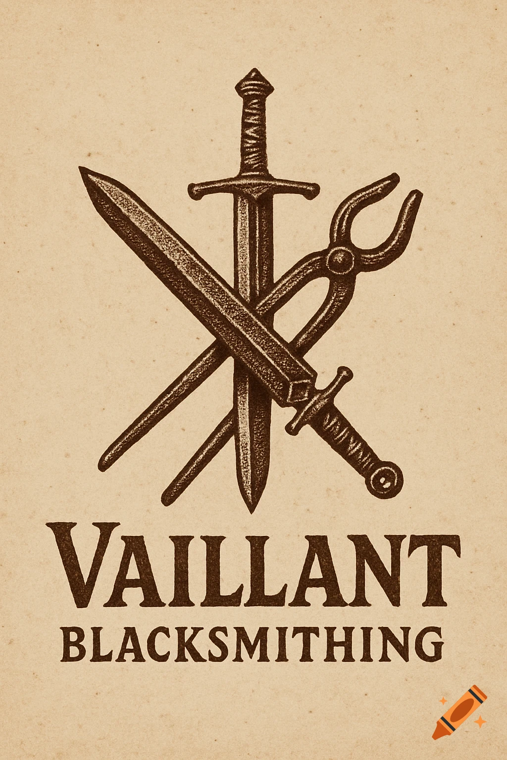 Medieval blacksmithing logo with crossed sword, dagger, and tongs above text 'Vaillant Blacksmithing'.