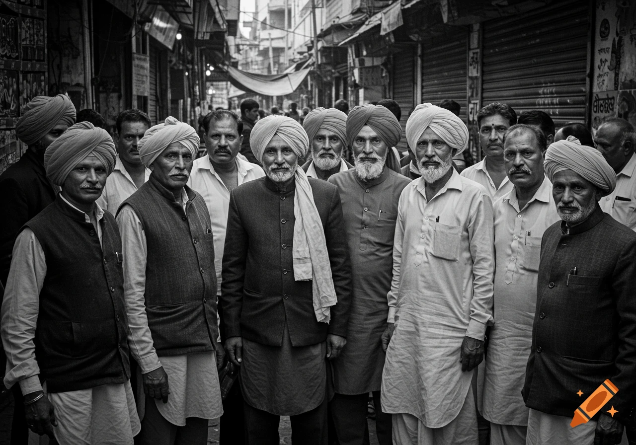 Black and white photograph of a group of Indian men in turbans standing in a marketplace.