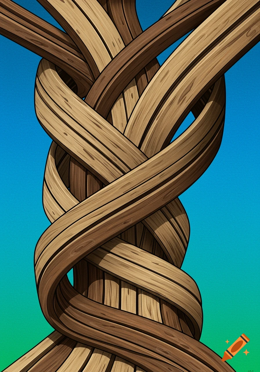 Illustrative intertwined wooden beams against blue/green gradient background.