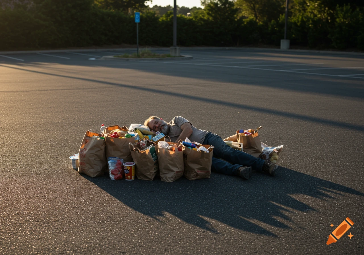 Bearded man sleeps surrounded by grocery bags in a parking lot at sunset