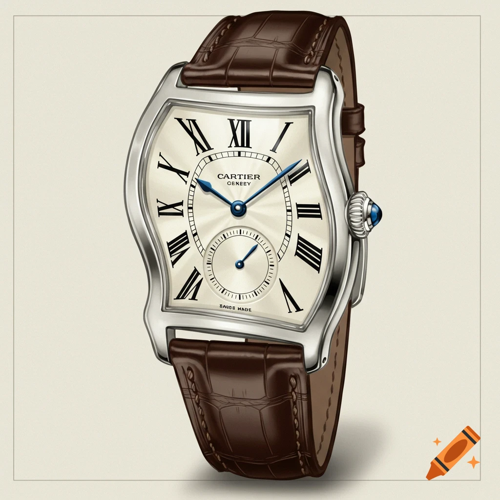 A distorted rectangular wristwatch with a white dial, Roman numerals, blue hands, and a brown leather strap.
