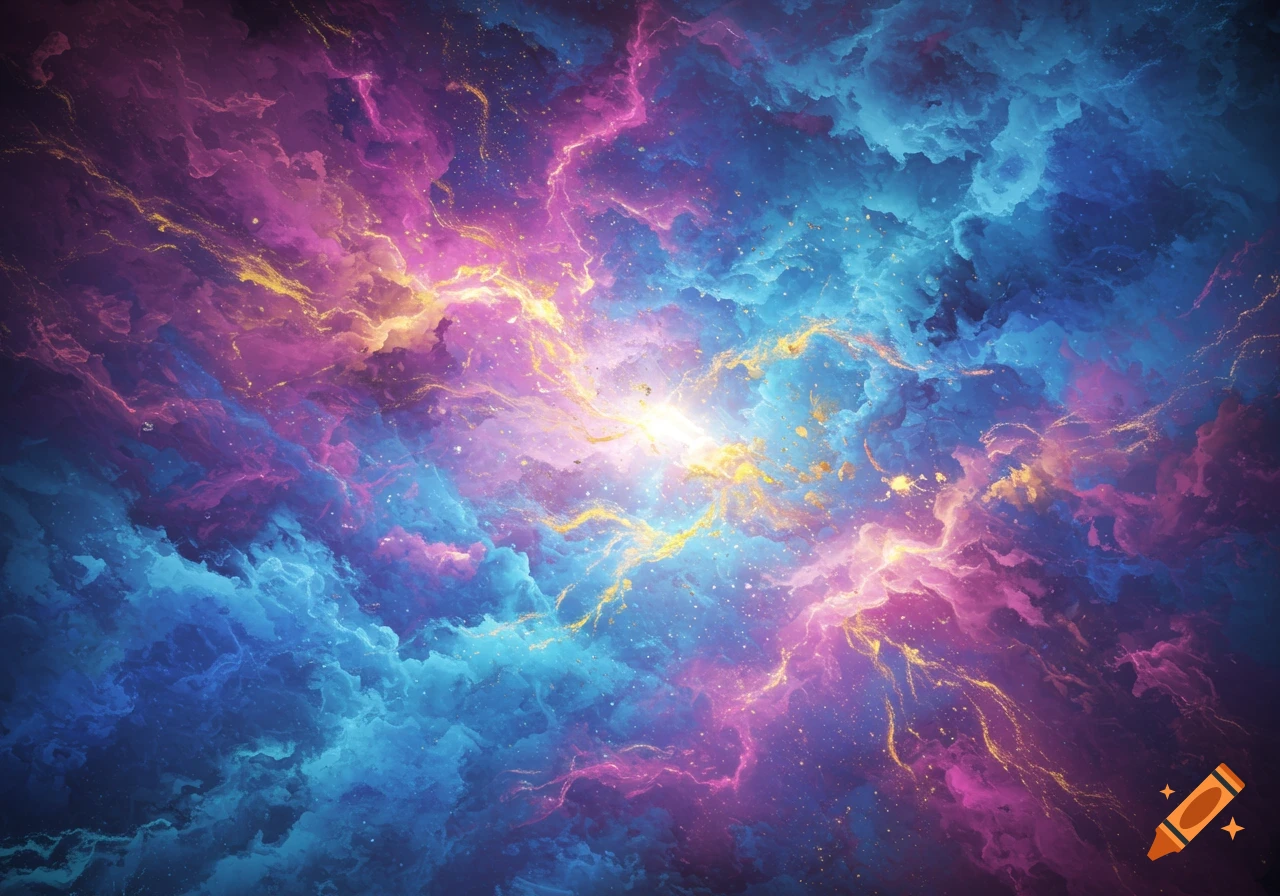 A vibrant space nebula with swirling pink, purple, blue, and gold clouds and a bright center light.