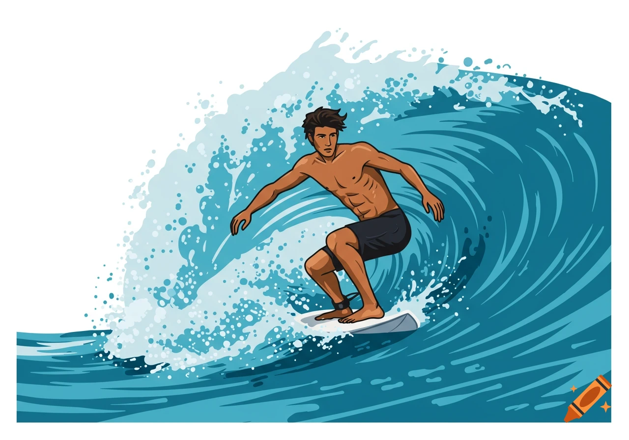 Illustration of a man surfing a large wave