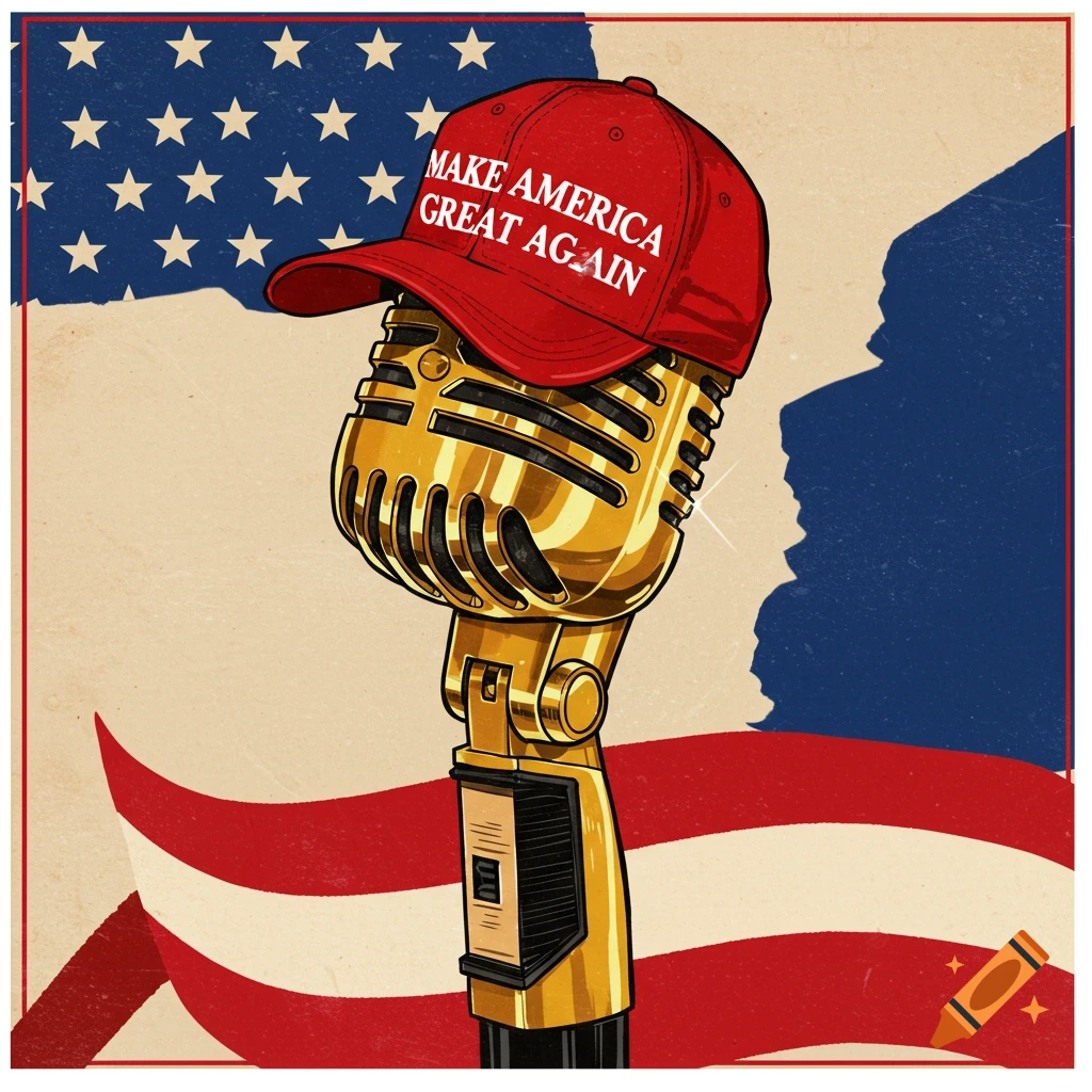 Illustration of a golden microphone wearing a red 'MAKE AMERICA GREAT AGAIN' hat against a US flag background.