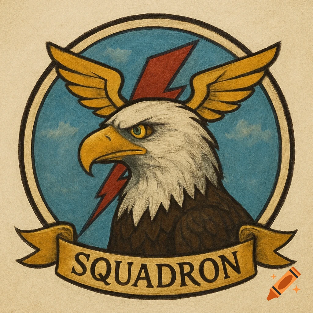 Drawing of a squadron emblem with an eagle head, wings, lightning bolt, and the word SQUADRON on a banner.