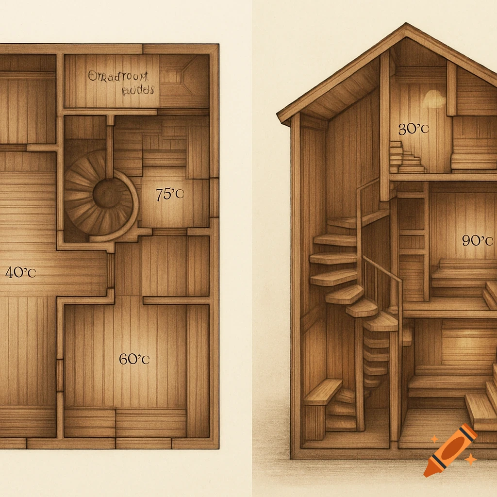 Architectural drawing of wooden building floor plan and sectional view with spiral stairs and temperature labels.