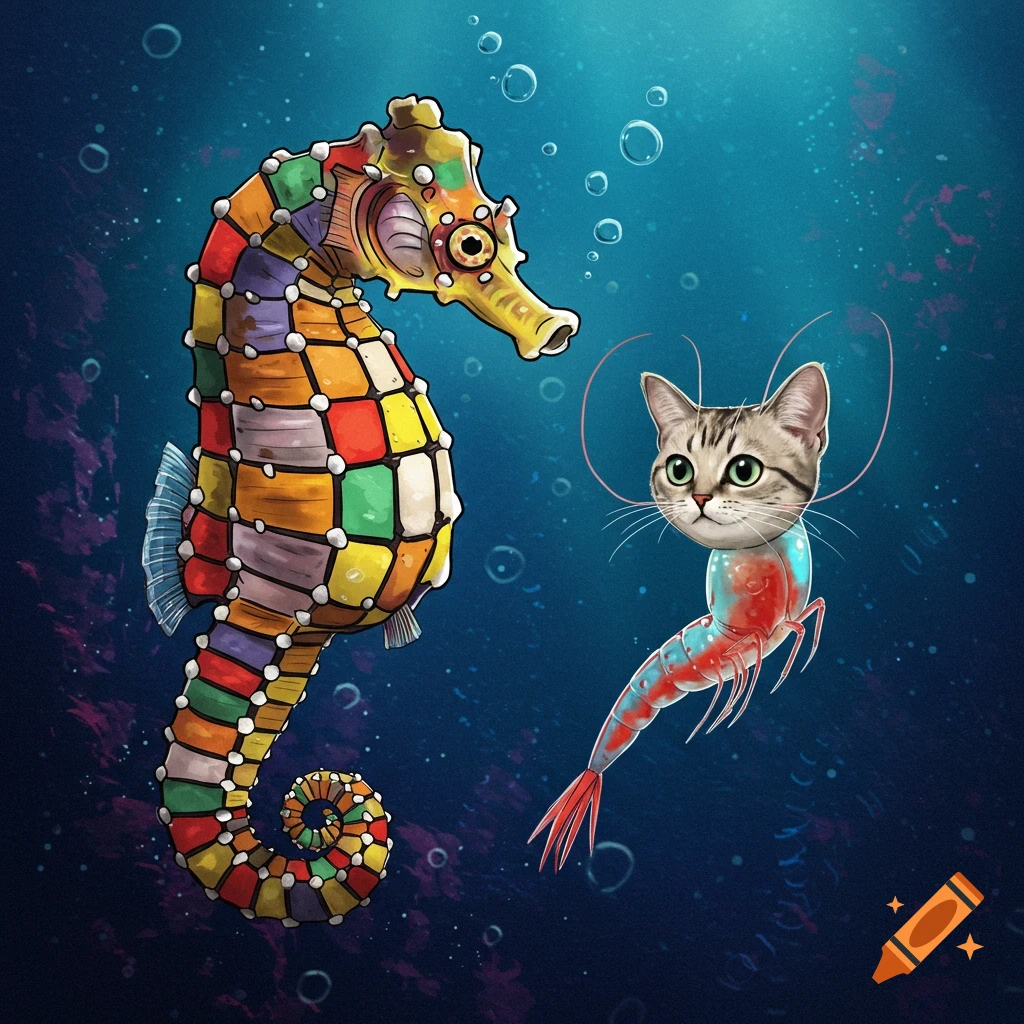 A colorful Rubik's Cube seahorse and a cat-headed shrimp swim underwater in a digital illustration.