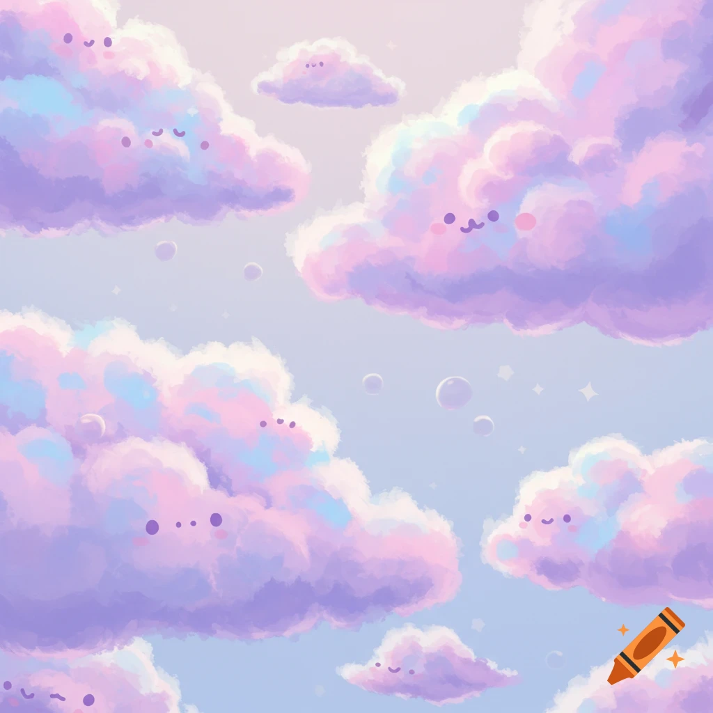 Pastel purple and blue clouds with cute faces float in a light sky with bubbles and stars in a whimsical illustration.