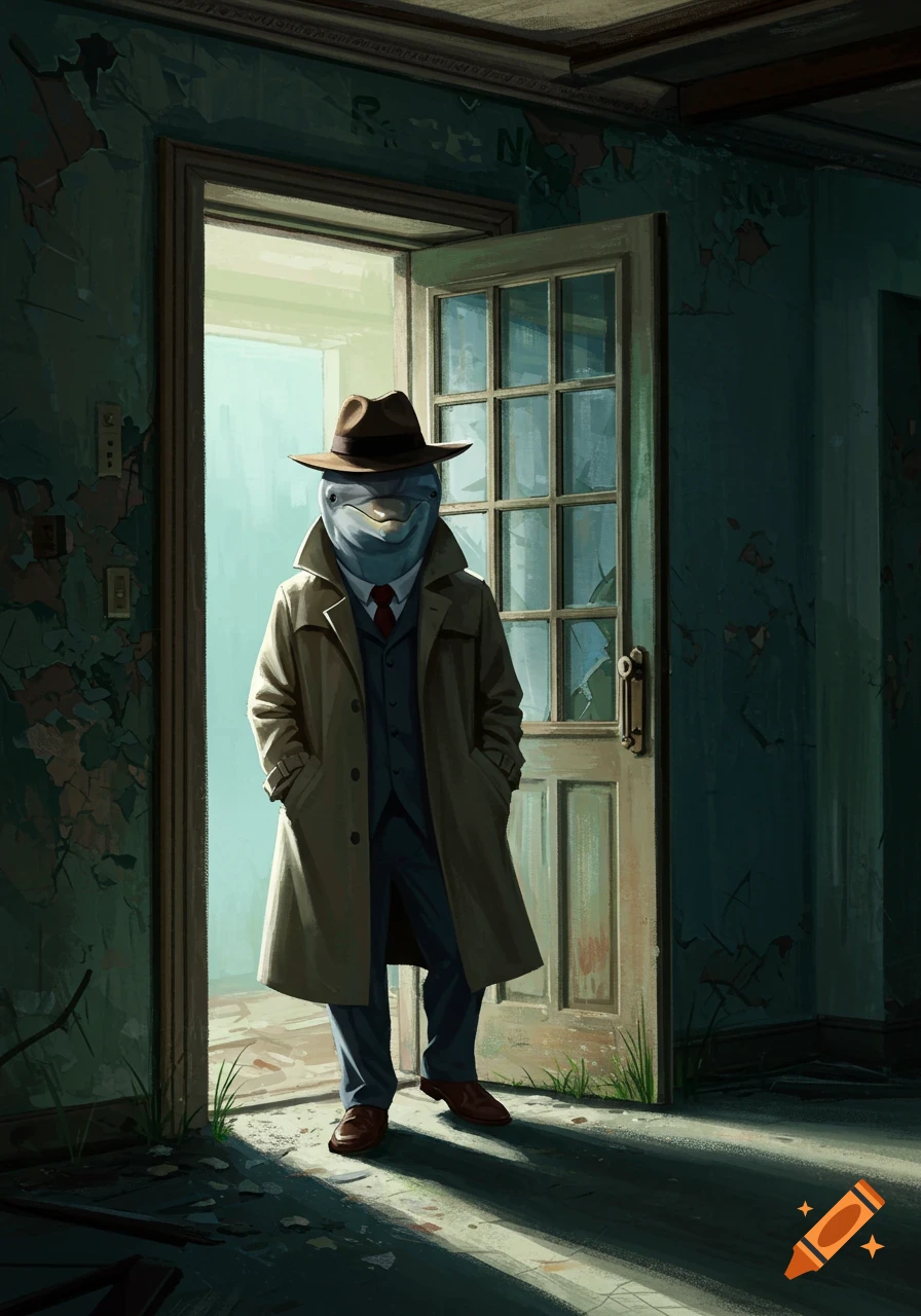 A dolphin in a trench coat, suit, and fedora stands in the open doorway of a dark, abandoned building. Digital painting.