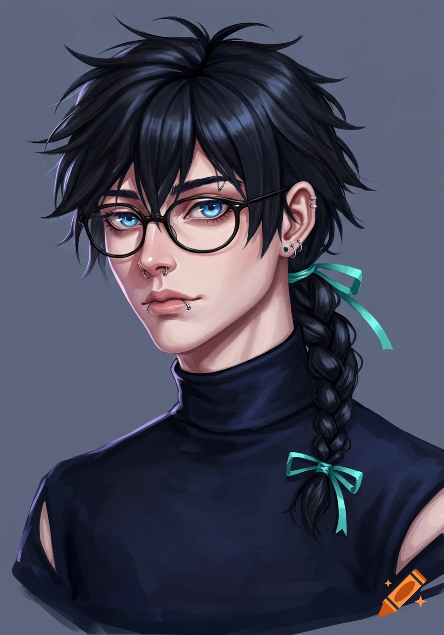Close-up digital portrait of a young person with black hair, glasses, blue eyes, and facial piercings, wearing a black turtleneck.