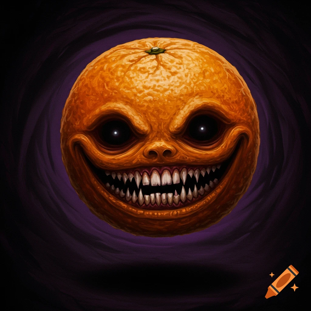A creepy orange with glowing eyes and sharp teeth grins in the darkness.