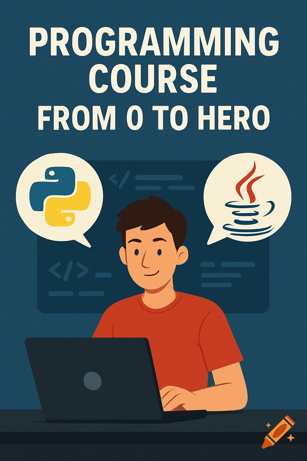 Illustration of a man coding on a laptop with Python and Java icons and text 'PROGRAMMING COURSE FROM 0 TO HERO'.