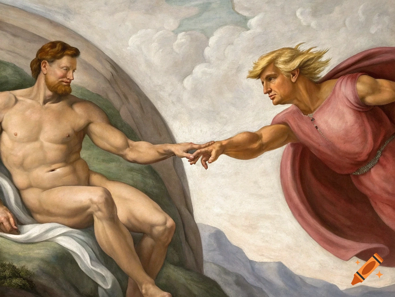 Renaissance style painting parody of Creation of Adam, with a nude man and a figure resembling Trump reaching out.