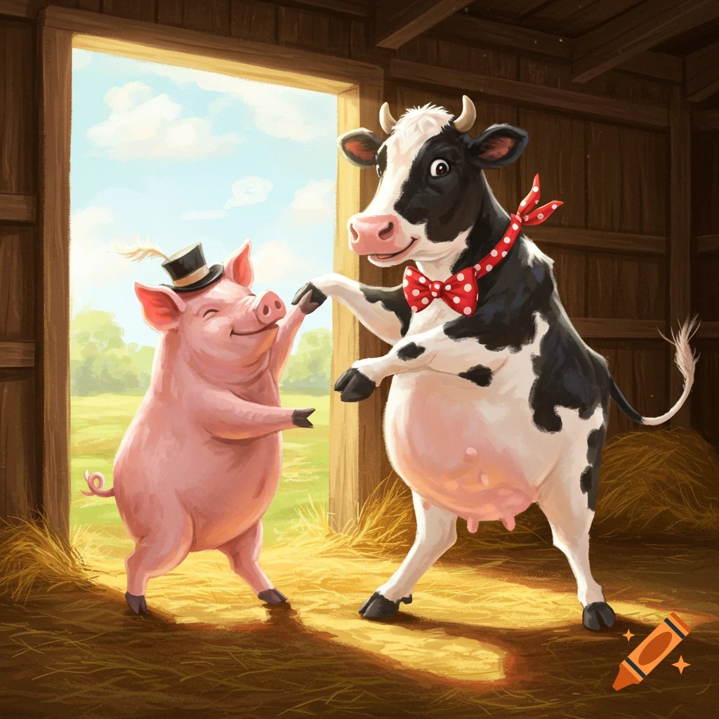 A pig wearing a top hat dances the waltz with a cow wearing a bow tie inside a barn.
