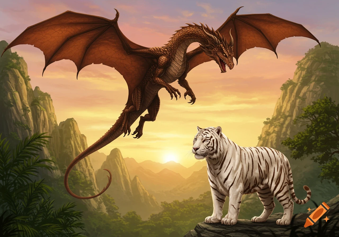 A brown scaled dragon flies above a white tiger standing on a rock in a mountain landscape at sunset.