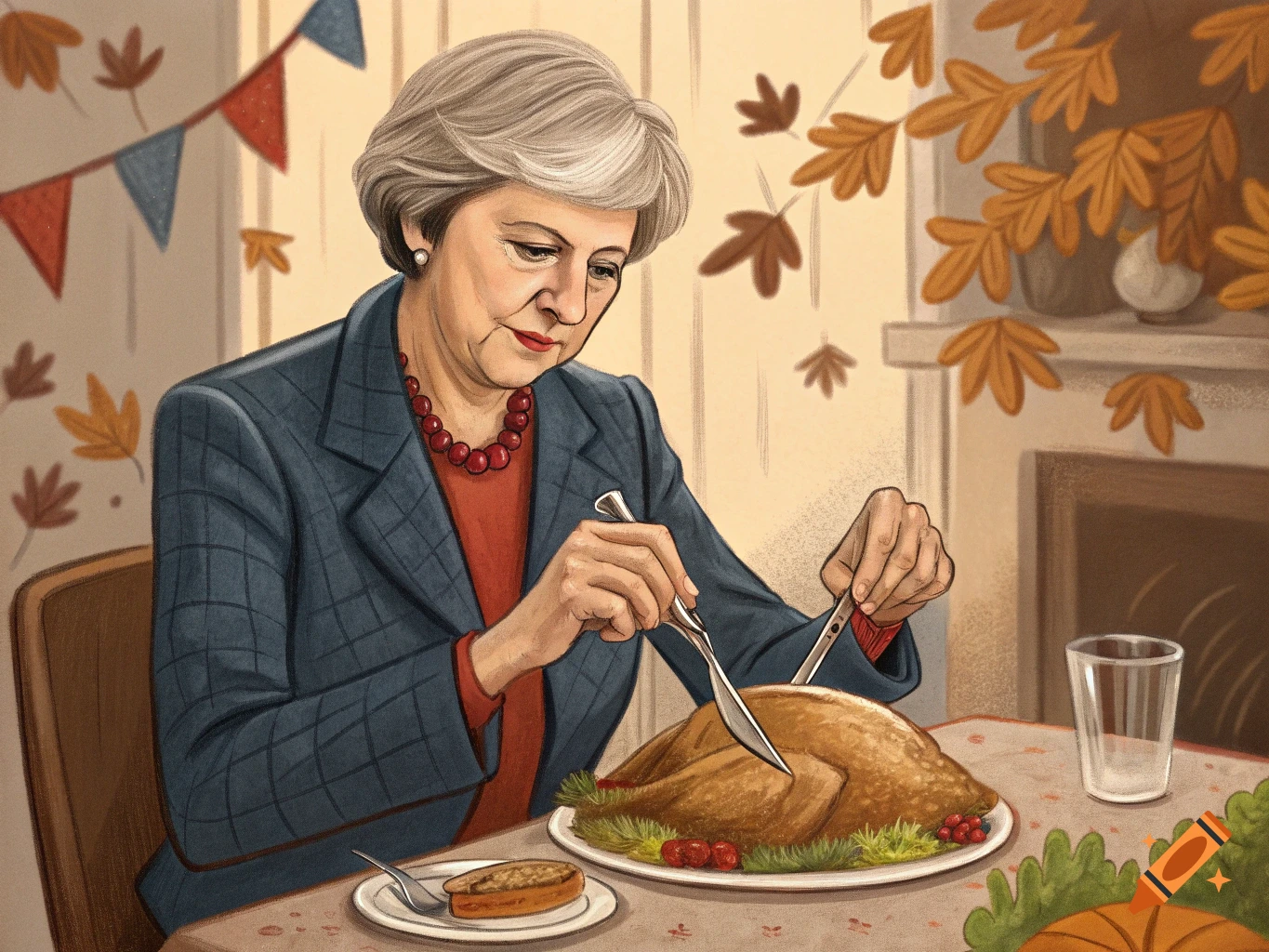 Illustration of Theresa May cutting a turkey at a Thanksgiving dinner.
