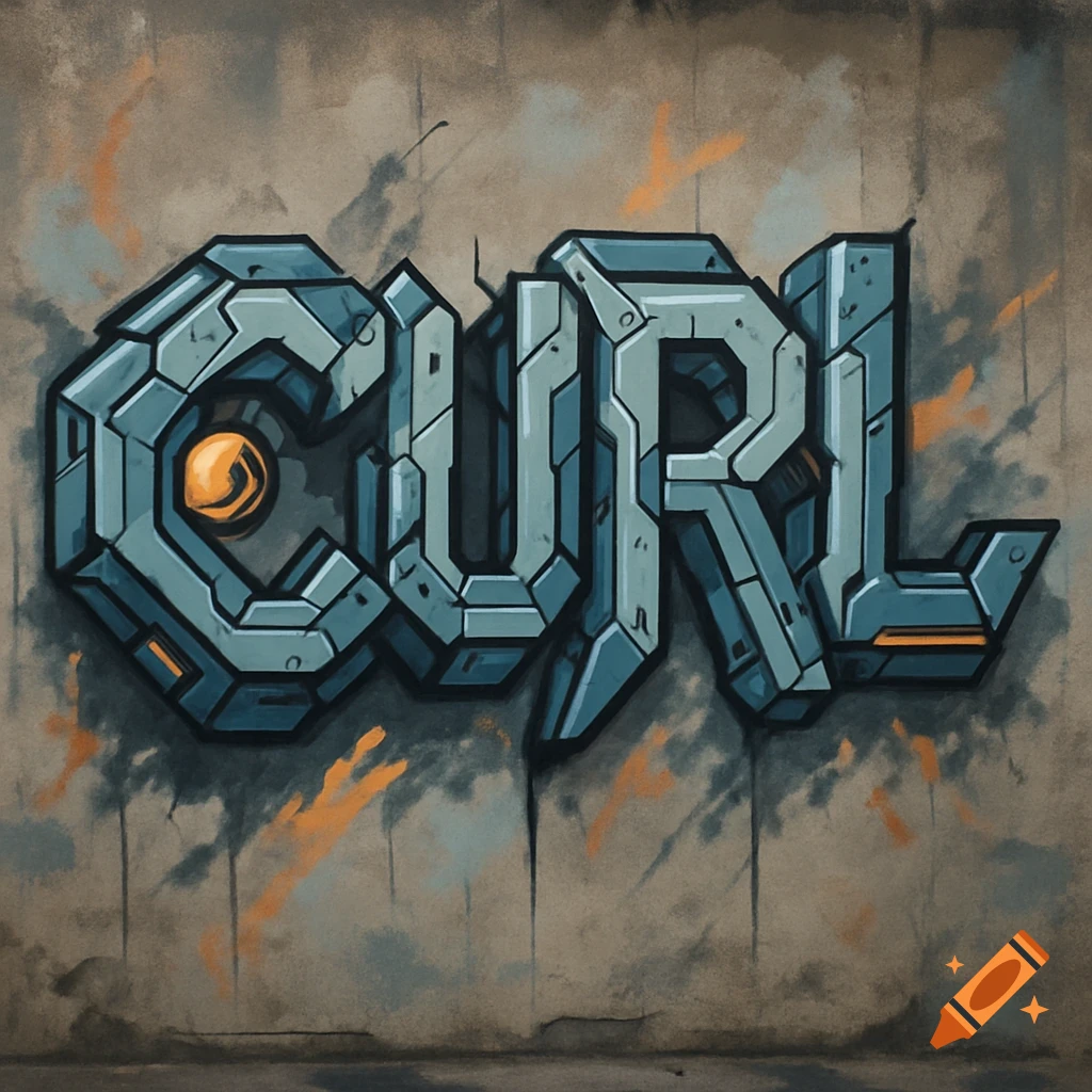 Graffiti text 'CURL' on a wall, rendered in a mecha-inspired style.
