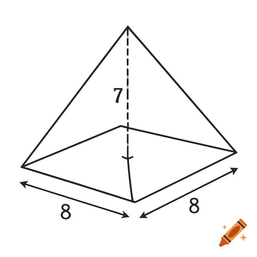 Line drawing of a square pyramid with base edge 8 and height 7.