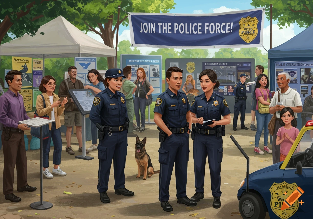 An illustration of a police force recruitment event outdoors with officers, civilians, a police car, and a police dog.