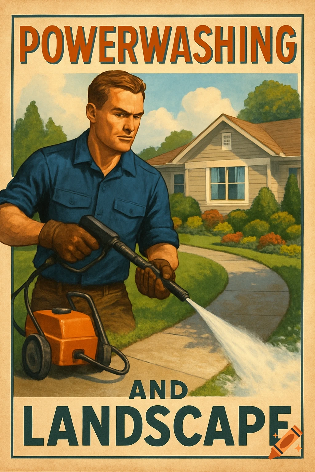 A man powerwashing a sidewalk in front of a house, retro poster style.