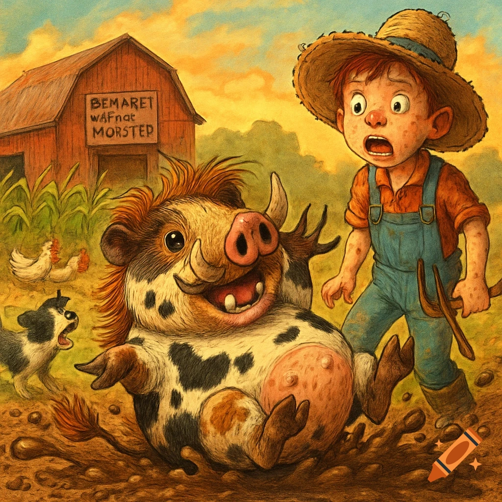 Children's illustration of a boy reacting to a hybrid animal rolling in mud on a farm.