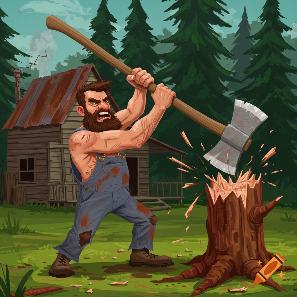 An angry cartoon lumberjack with a beard swings a large axe at a tree stump outside a rustic cabin.