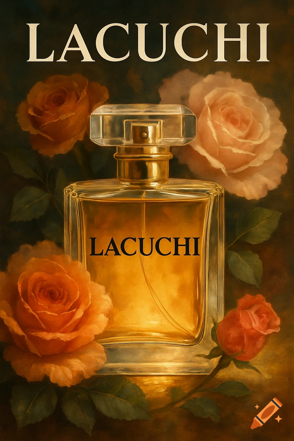 A perfume bottle surrounded by roses in a painterly style, with the brand name LACUCHI