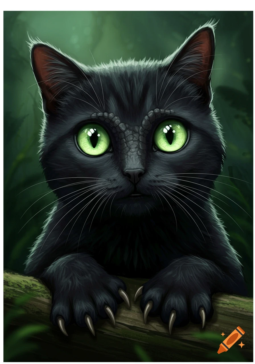 A black cat mixed with a velociraptor, with green eyes, scales around its eyes, and claws, sits on a log in a forest. Digital painting.