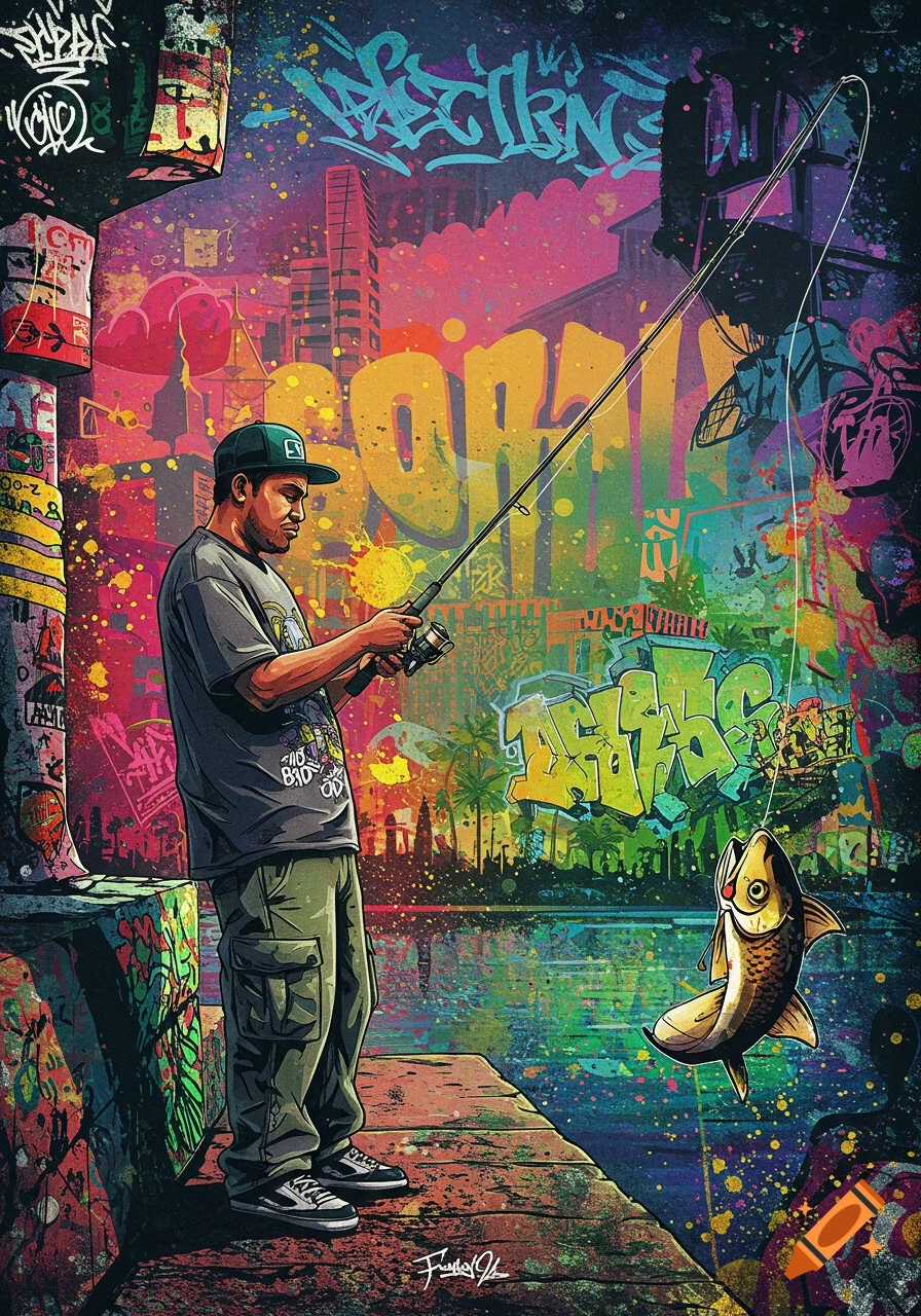 A man fishes on a dock in front of a vibrant, graffiti-covered wall.