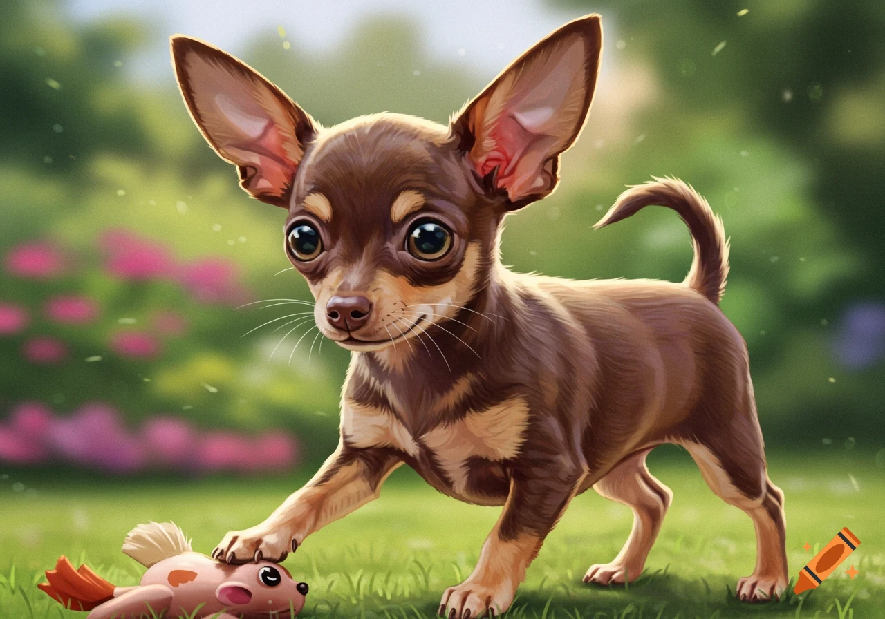 Digital illustration of a chihuahua puppy playing with a pink toy in the grass.