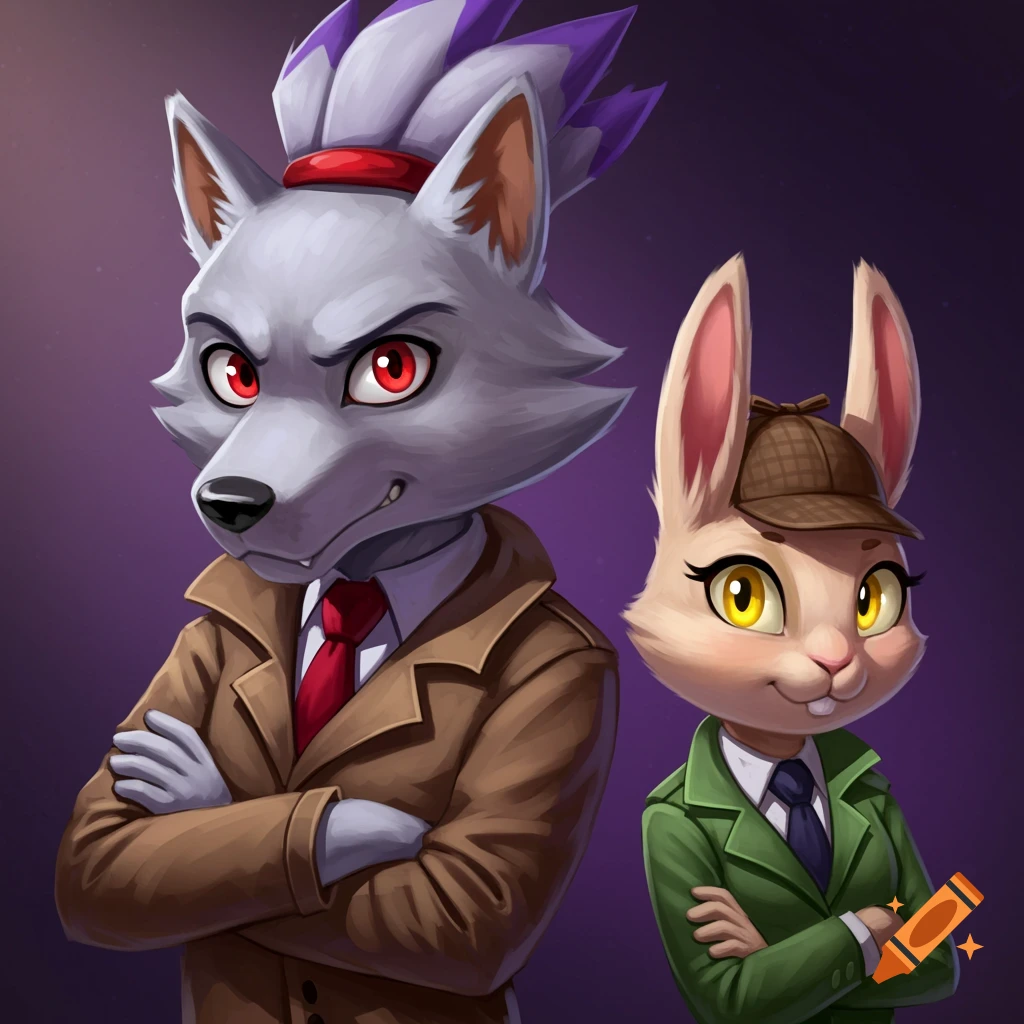 Cartoon illustration of a wolf and a rabbit dressed as detectives, standing with their arms crossed.