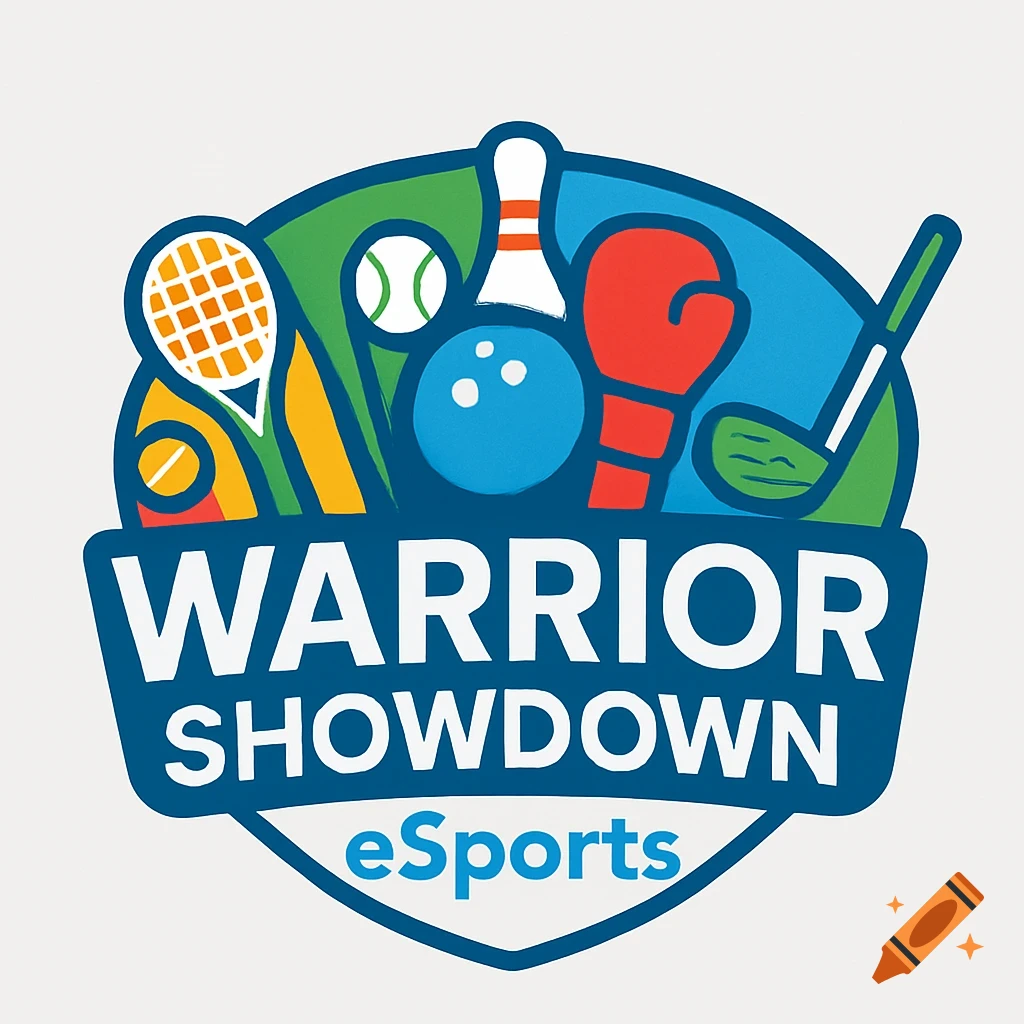 A shield-shaped logo with sports equipment (tennis racket, baseball, bowling, boxing glove, golf club) above the text "WARRIOR SHOWDOWN eSports".