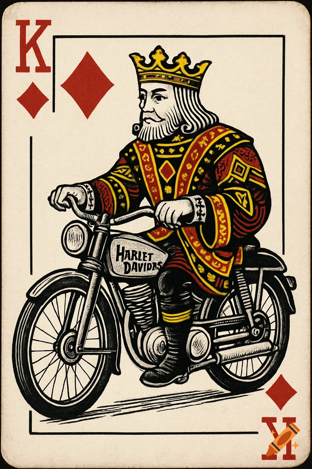 Illustration of a king playing card riding a motorcycle.