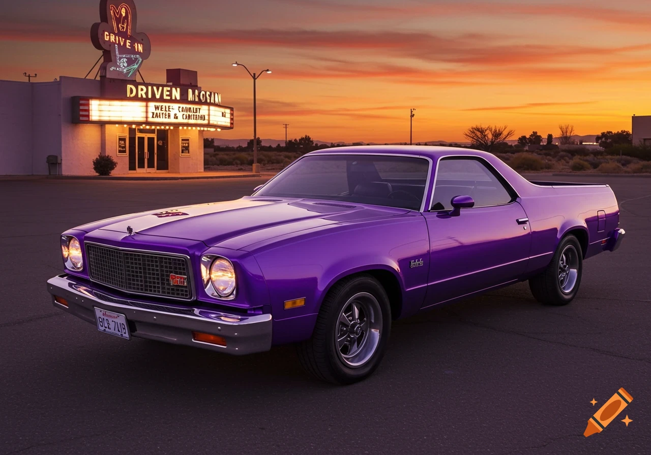 Purple classic car parked in front of a drive-in movie theater at sunset.