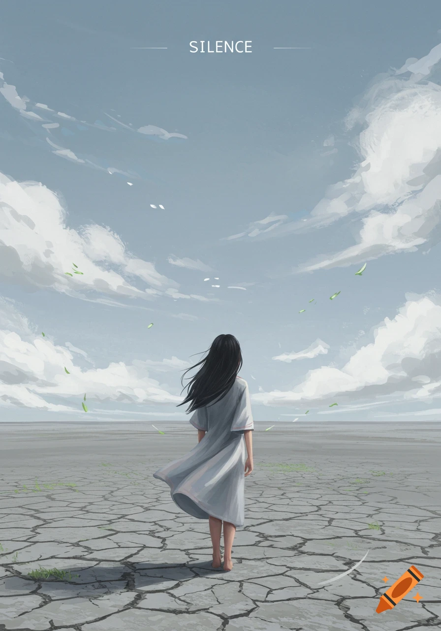 Illustration of person on cracked ground under cloudy sky with text SILENCE