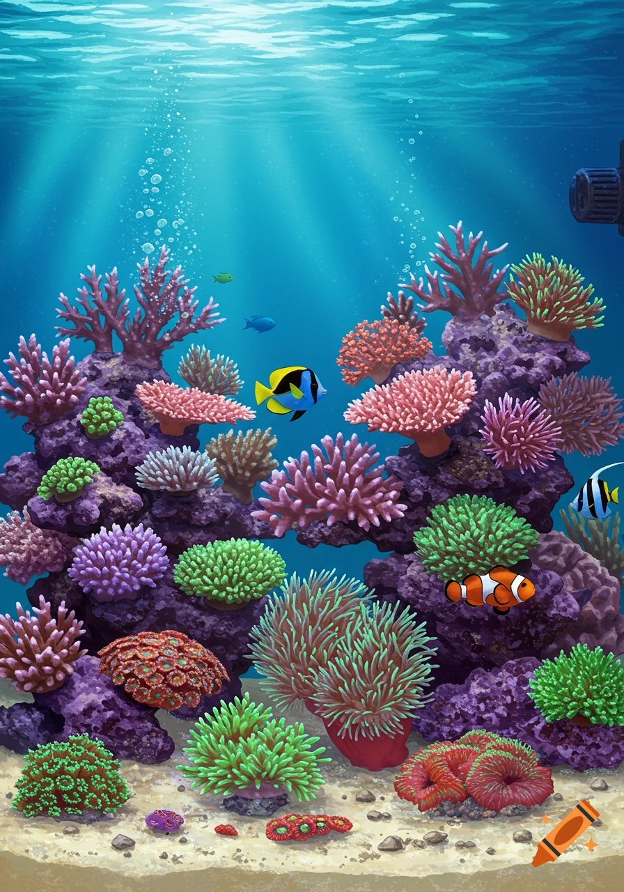 Colorful underwater scene of a coral reef with various fish and vibrant corals.