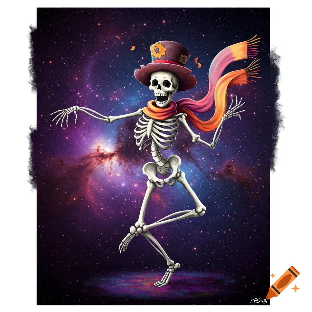 A skeleton wearing a hat and scarf dances in space.