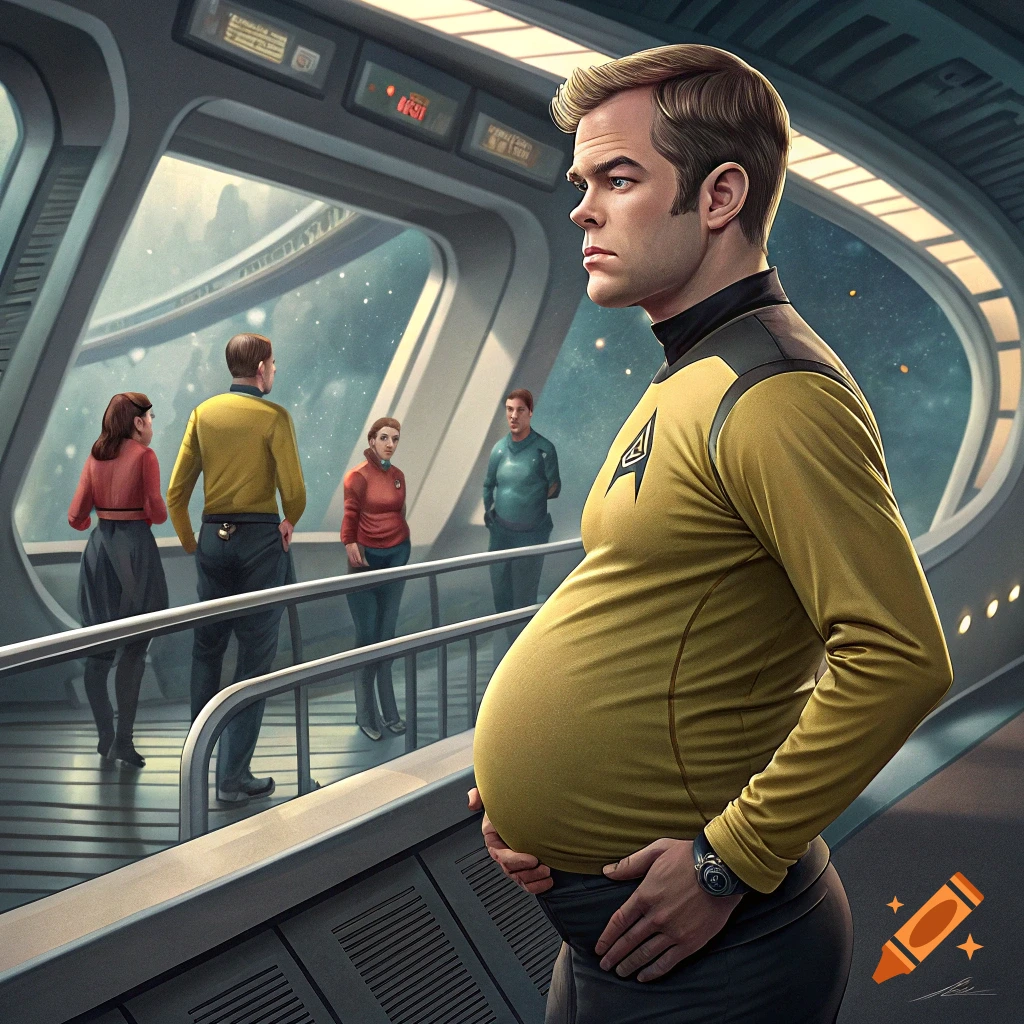 Chris Pine as Captain Kirk, pregnant, standing in a spaceship hallway with crew members.