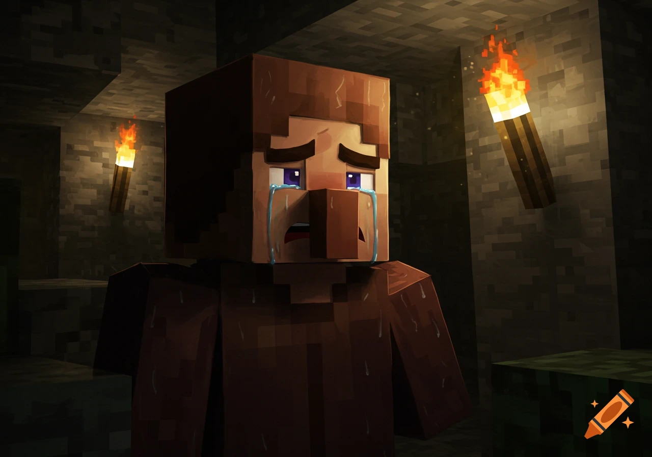 Crying Minecraft villager in a dark cave lit by torches.