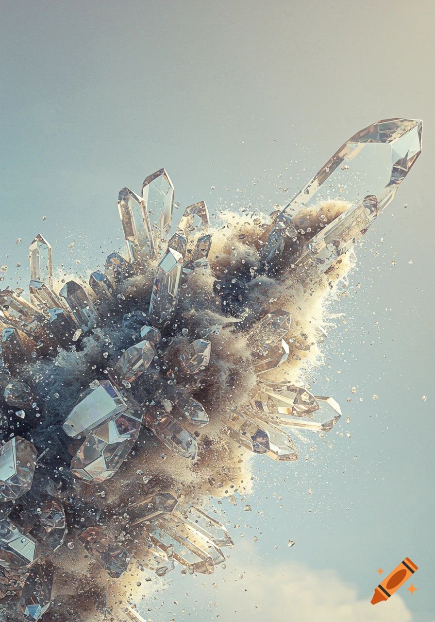 Transparent crystals exploding into dust and powder.