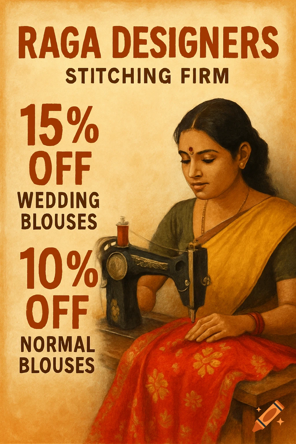 Poster of a woman sewing, advertising discounts on wedding and normal blouses.