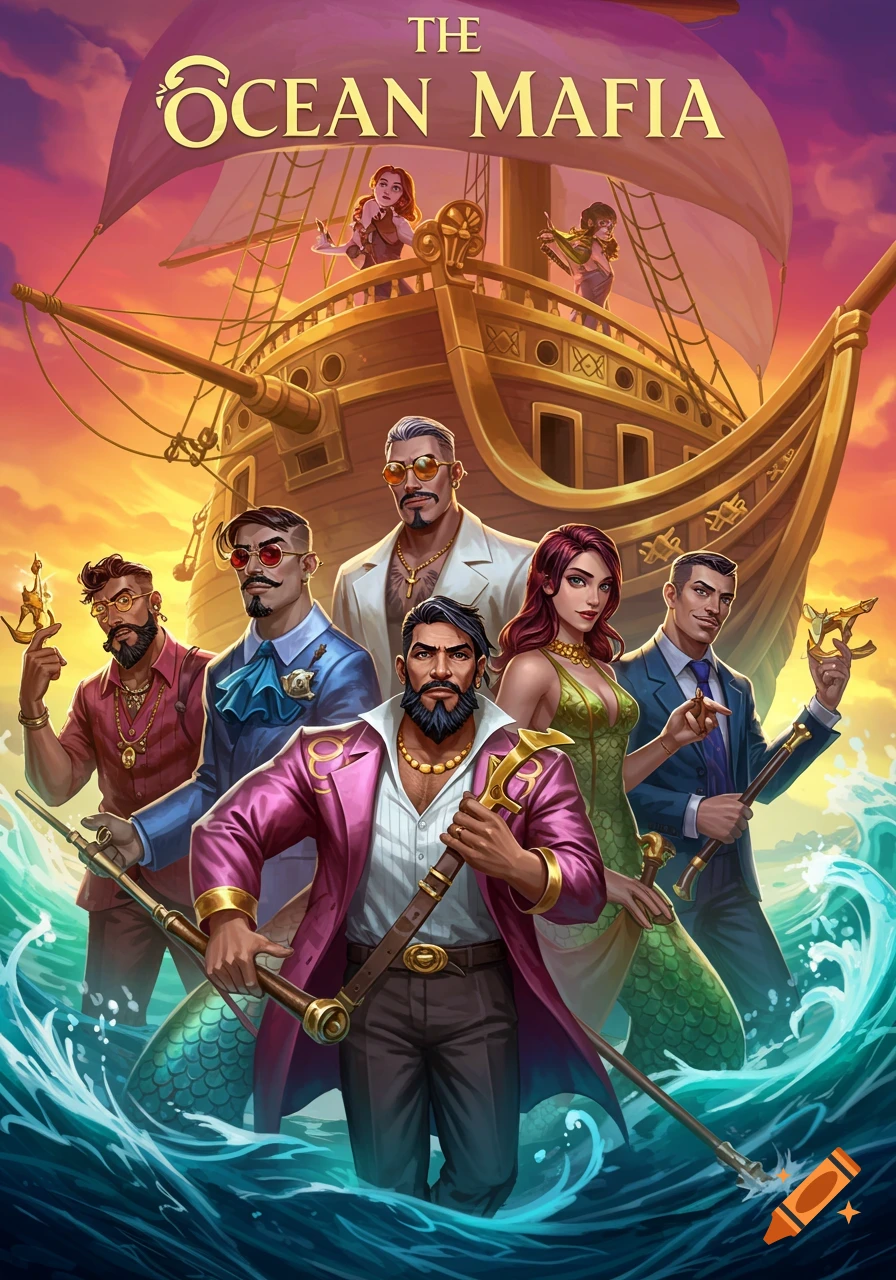 Illustration of a stylized mafia crew and a mermaid standing in water in front of a ship. Title 'The Ocean Mafia'.