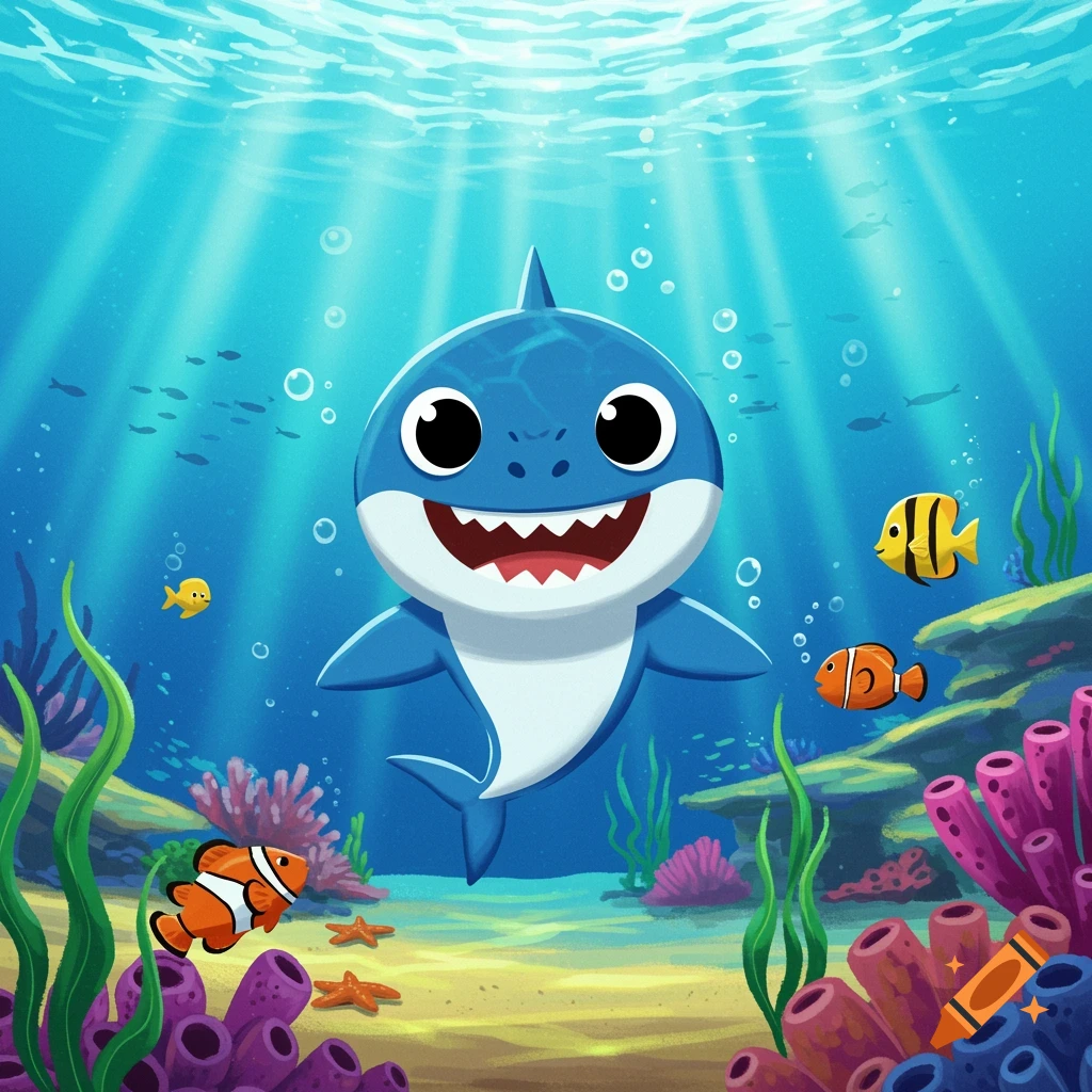Cartoon baby shark swimming underwater with other fish and coral reefs
