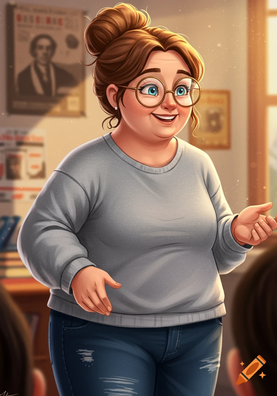 Cartoon illustration of a middle-aged teacher speaking in a classroom.