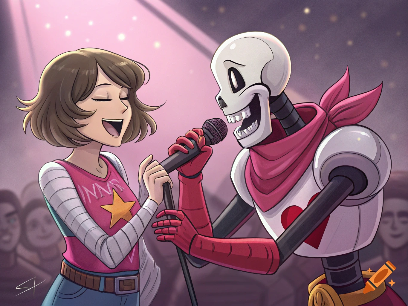A girl and a skeleton character sing into a microphone on a stage in an illustration.